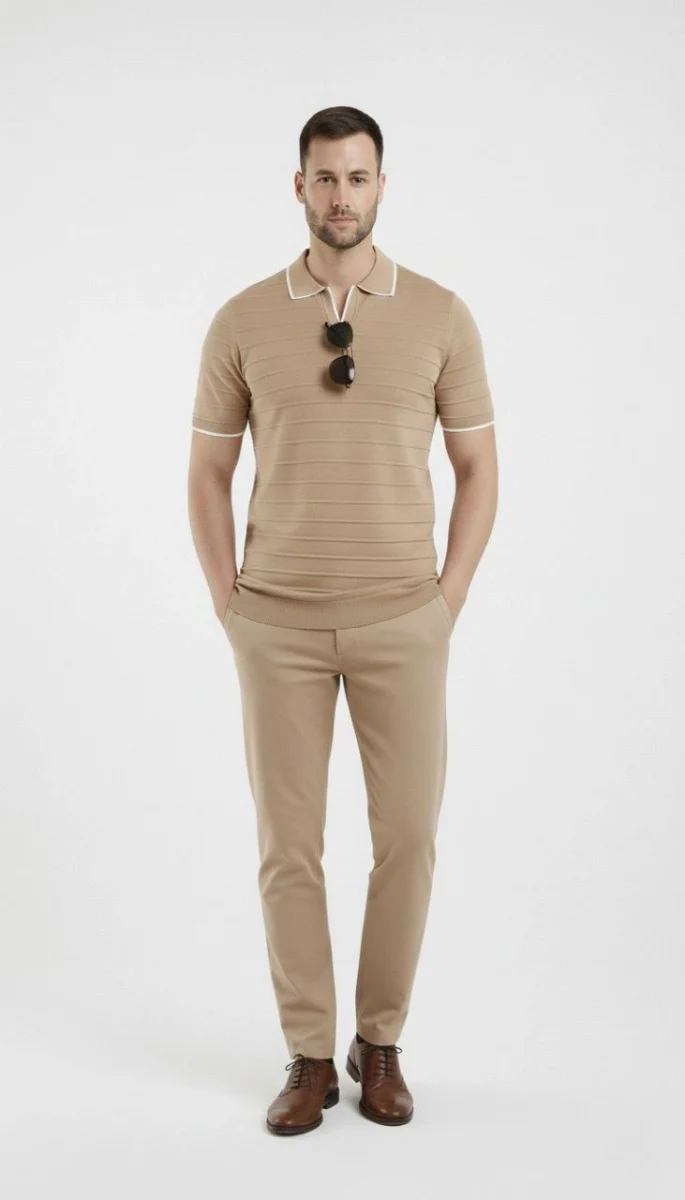 Erkek Triko Kumaş Yakalı Düğmesiz Açık Yaka Fitilli Kısa Kollu Regular Fit Tişört T-shirt - Bej