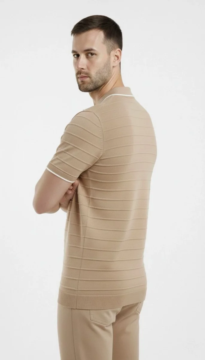 Erkek Triko Kumaş Yakalı Düğmesiz Açık Yaka Fitilli Kısa Kollu Regular Fit Tişört T-shirt - Bej