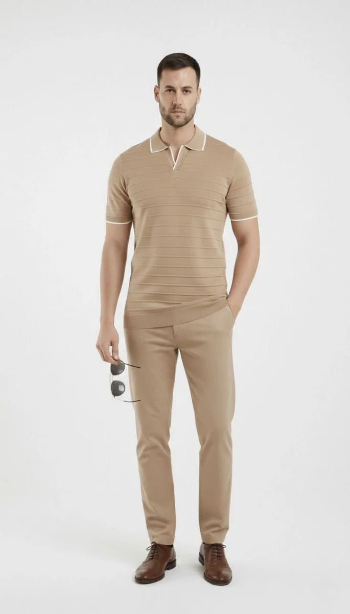 Erkek Triko Kumaş Yakalı Düğmesiz Açık Yaka Fitilli Kısa Kollu Regular Fit Tişört T-shirt - Bej