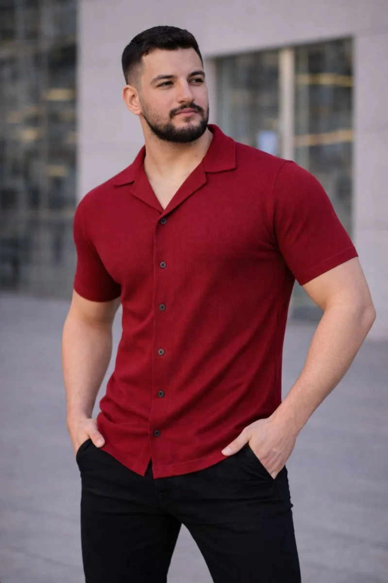 Erkek Waffle Kumaş Kısa Kollu Düğmeli Açık Yaka Regular Fit Gömlek - Kırmızı