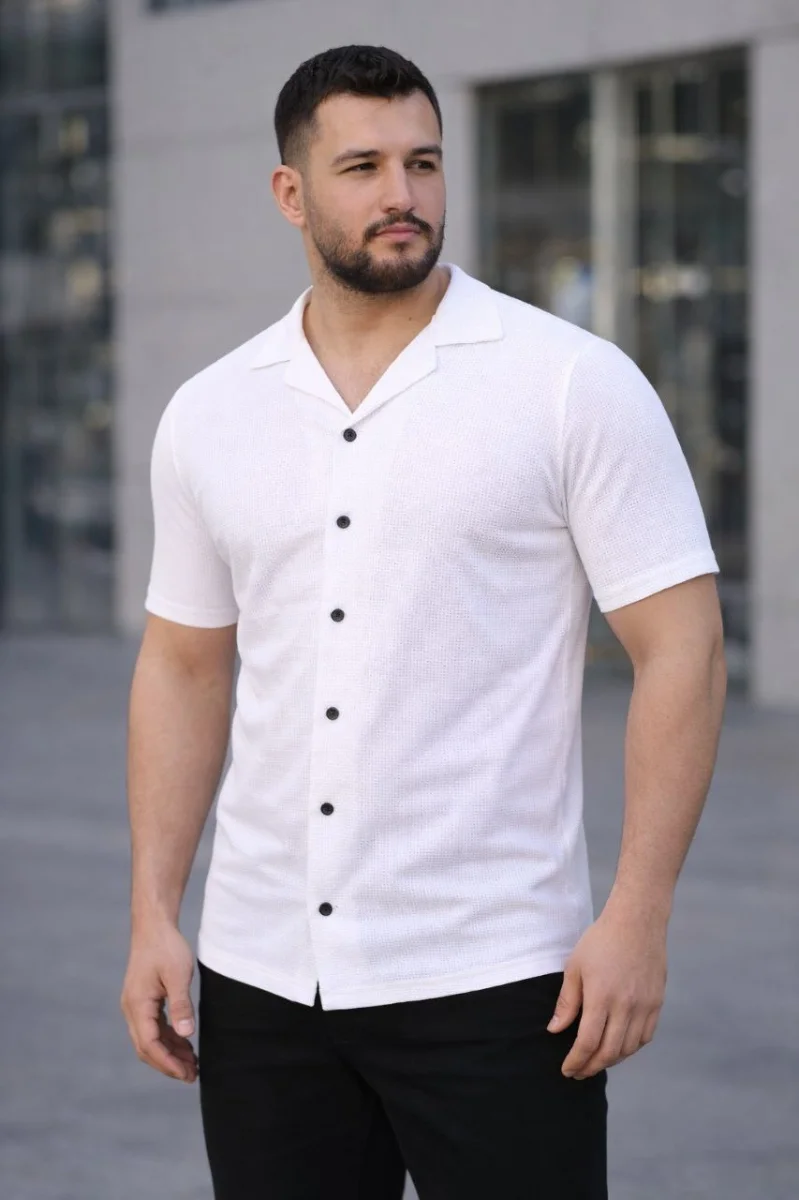 Erkek Waffle Kumaş Kısa Kollu Düğmeli Açık Yaka Regular Fit Gömlek - Beyaz