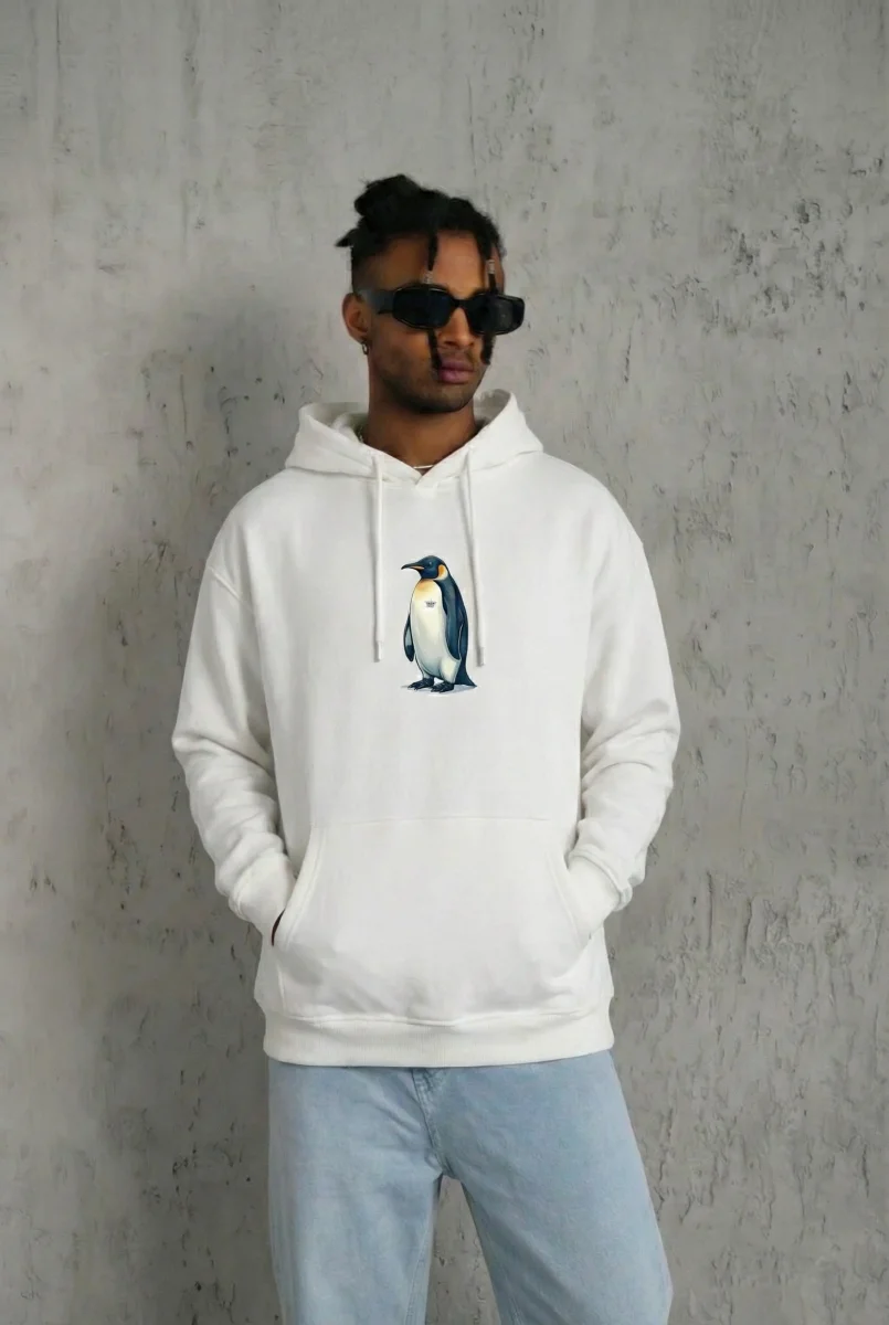 Siyah Oversize Hoodie - Sırt Baskılı "Survivor Penguin" Temalı, Felsefi Yazılı Kapüşonlu Sweatshirt - Beyaz