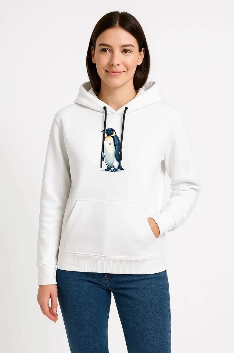 Kadın Oversize Hoodie - Sırt Baskılı "Survivor Penguin" Temalı, Felsefi Yazılı Kapüşonlu Sweatshirt - Beyaz