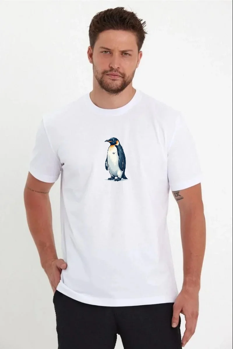 Erkek Oversize Tişört - Sırt Baskılı "Survivor Penguin" Temalı, Felsefi Yazılı Bisiklet yaka Tişört - Beyaz