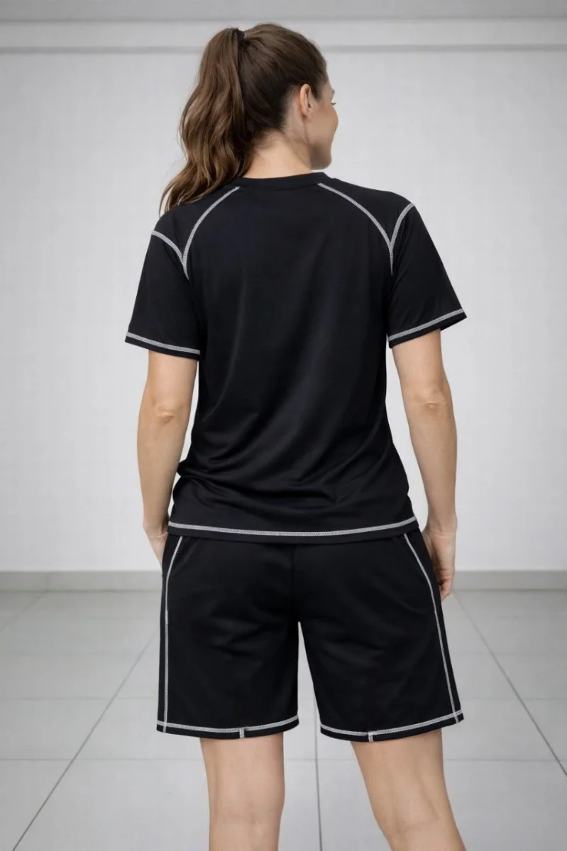 Kadın Spor Tişört Şort Takım Kontrast Dikiş Detaylı Ovarsize rahat kalıp - Siyah