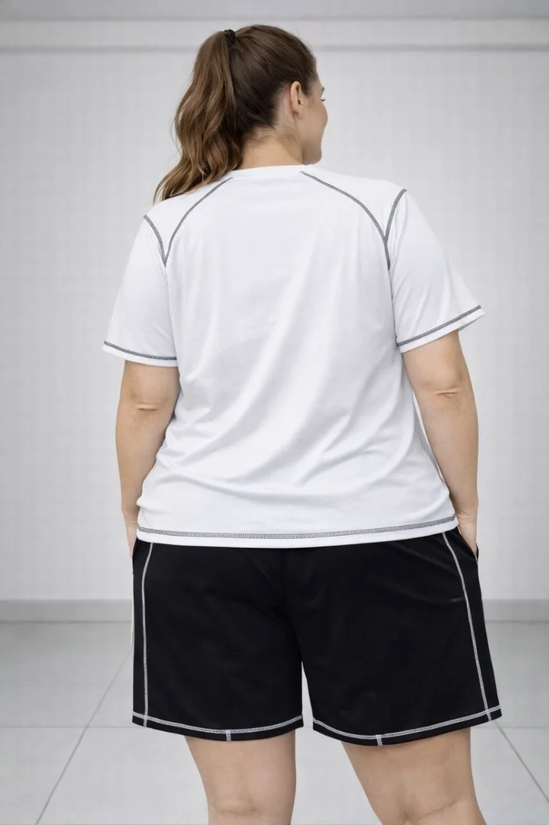 Kadın Battal Beden Kısa Kollu Tişört Şort Takım Kontrast Dikiş Detaylı Günlük Ev Giyimi - Beyaz