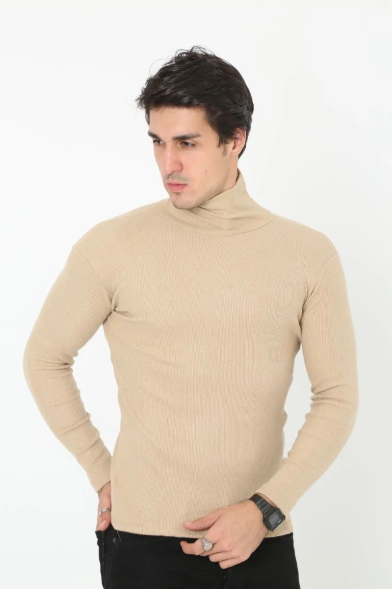 Erkek Kaşkorse Boğazlı Full Likralı Fitilli Body Kazak - Bej