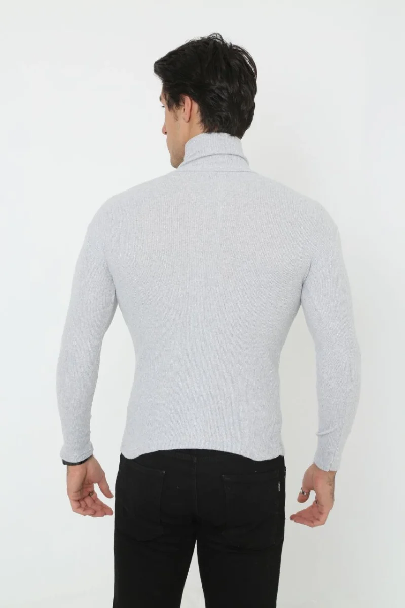 Erkek Kaşkorse Boğazlı Full Likralı Fitilli Body Kazak - Gri