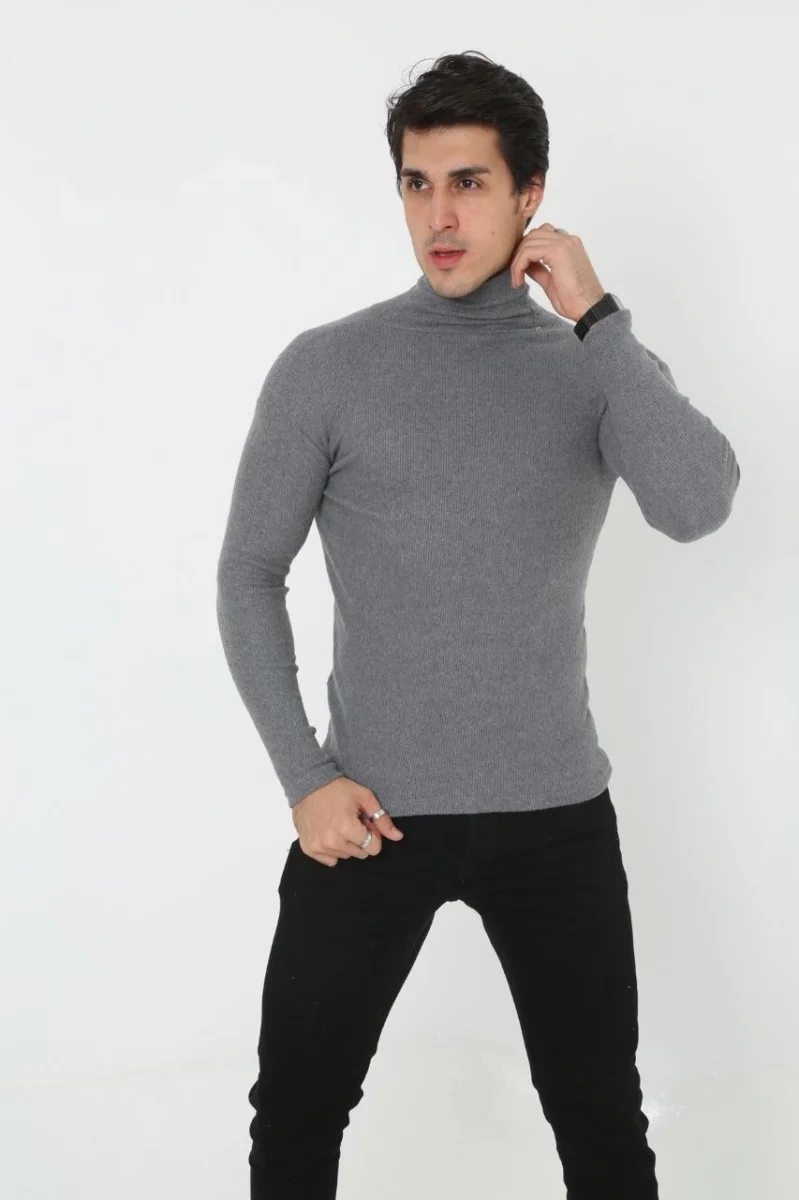 Erkek Kaşkorse Boğazlı Full Likralı Fitilli Body Kazak - Füme