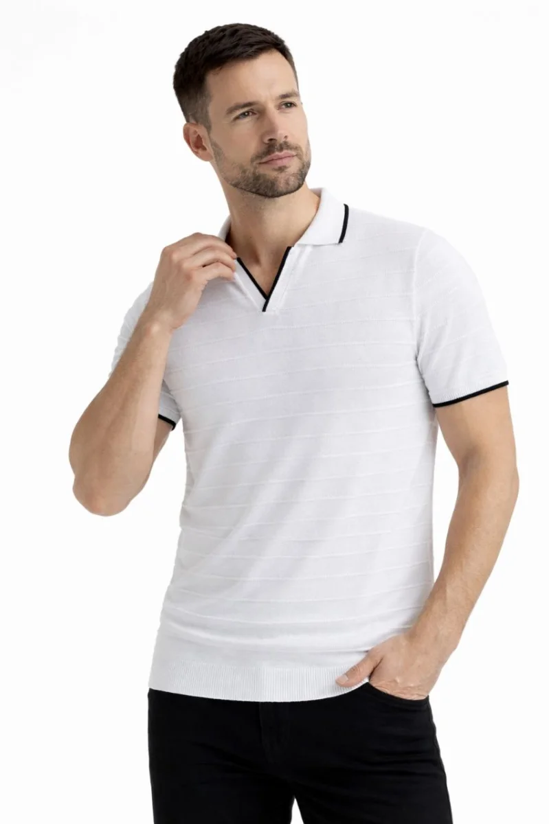 Erkek 3’lü Paket Triko Yakalı Düğmesiz Açık Yaka Fitilli Kısa Kollu Regular Fit Tişört - Siyah, Beyaz, Lacivert