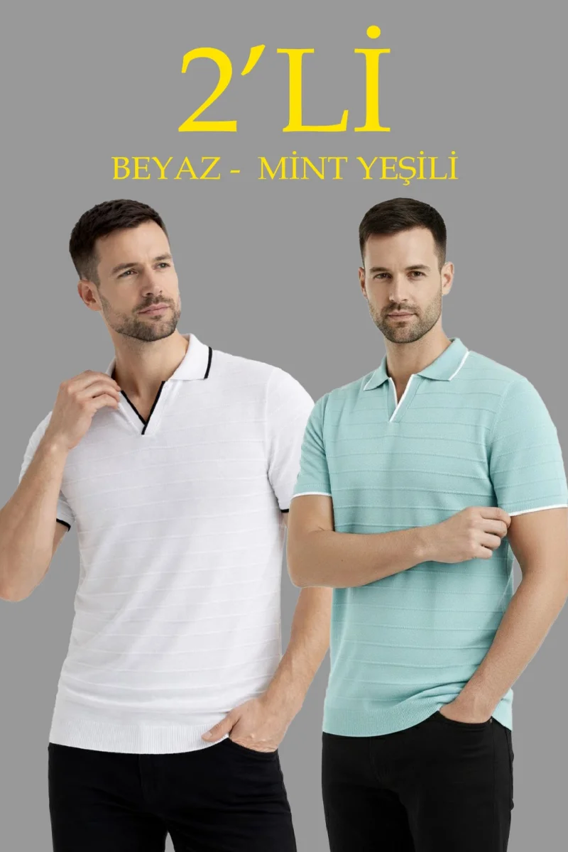 Erkek 2’li Paket Triko Yakalı Düğmesiz Açık Yaka Fitilli Kısa Kollu Regular Fit Tişört - Beyaz  Mint Yeşili