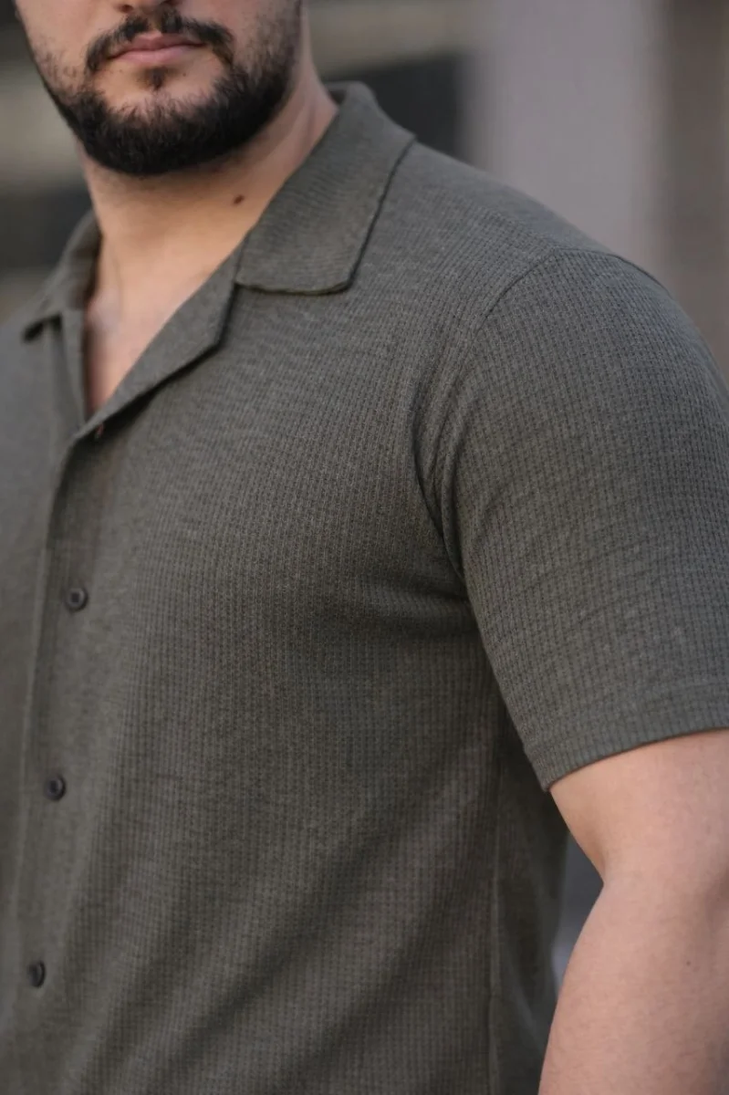 Erkek Waffle Dokuma Açık Yakalı Düğmeli Regular Kalıp 3’lü Gömlek Seti - Siyah, Haki, Lacivert