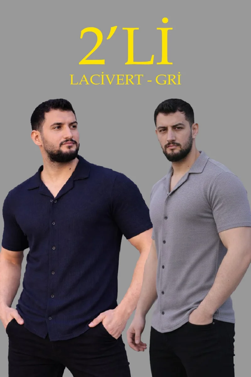 Erkek Waffle Dokuma Açık Yakalı Düğmeli Regular Kalıp 2’li Gömlek Seti - Lacivert  Gri