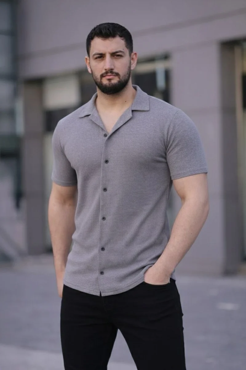 Erkek Waffle Dokuma Açık Yakalı Düğmeli Regular Kalıp 2’li Gömlek Seti - Beyaz  Gri