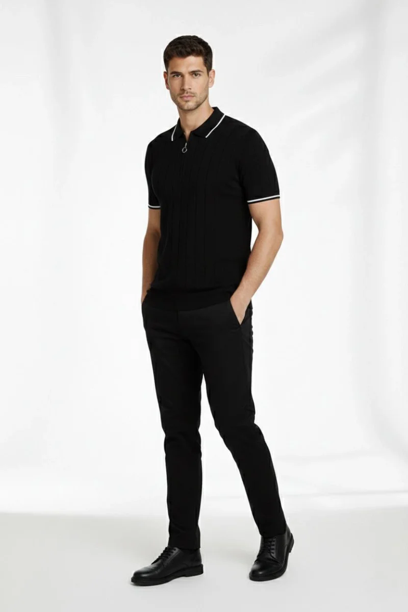 Erkek 2’li Paket Dokuma Triko  Fermuarlı Yakalı Fitilli Kısa Kollu Regular Fit Tişört - Beyaz  Siyah