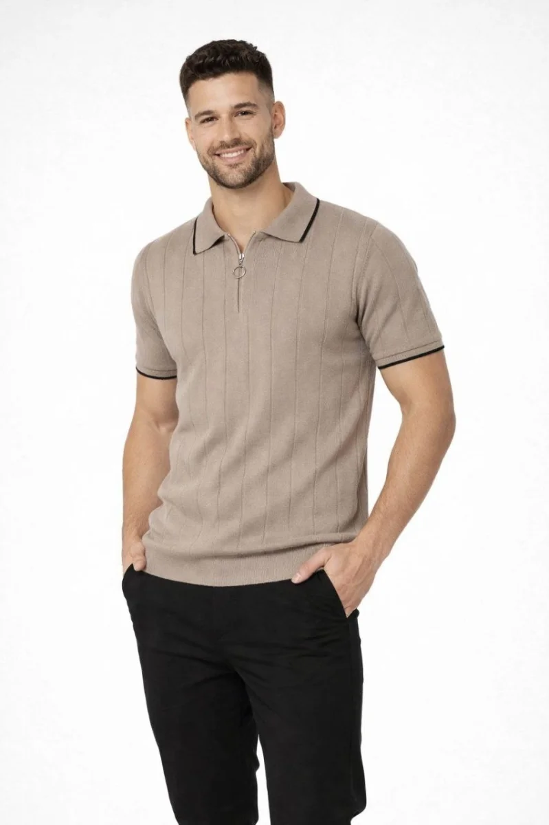 Erkek 2’li Paket Dokuma Triko  Fermuarlı Yakalı Fitilli Kısa Kollu Regular Fit Tişört - Bej  Kahverengi