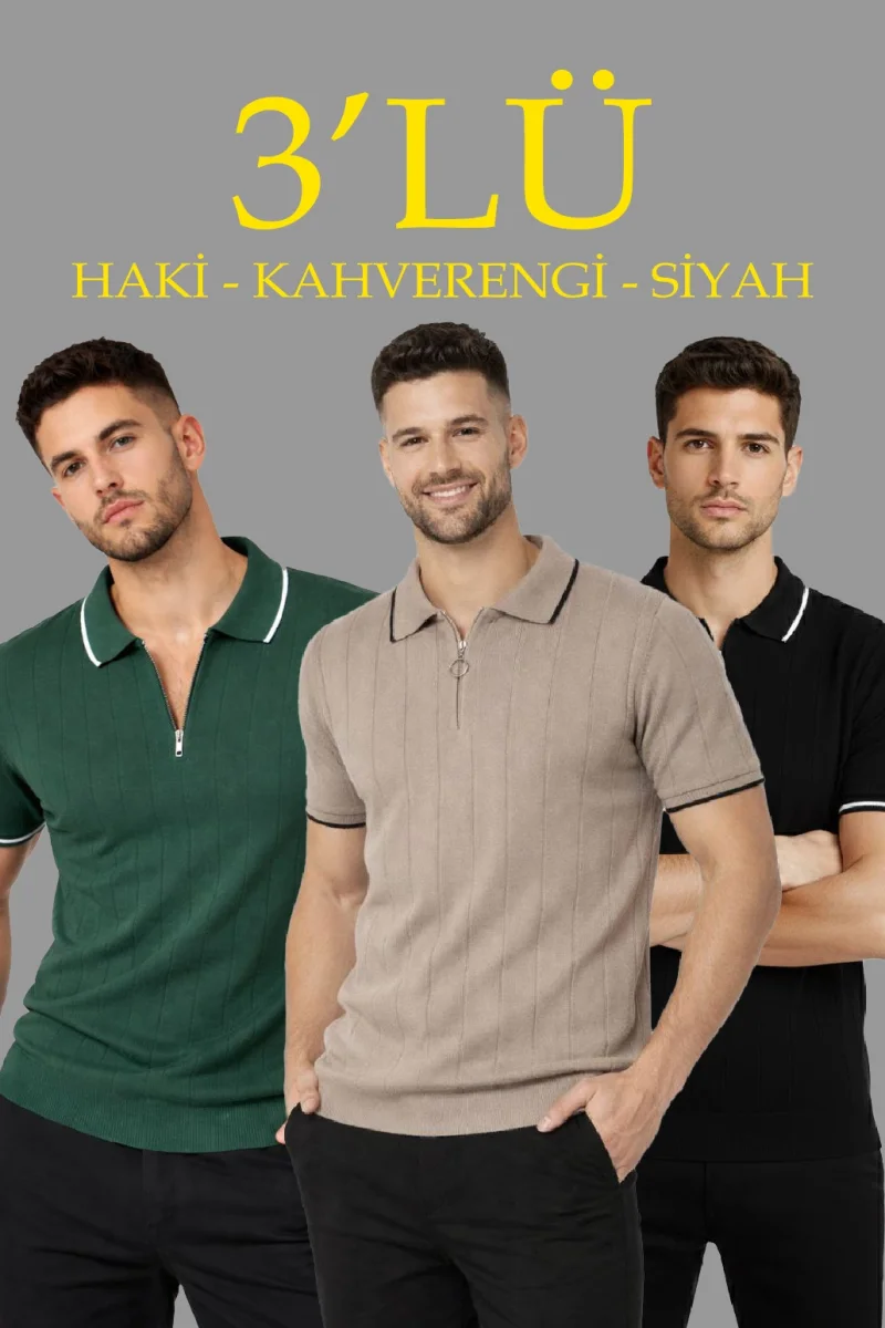 Erkek 3’lü Paket Dokuma Triko  Fermuarlı Yakalı Fitilli Kısa Kollu Regular Fit Tişört - Kahverengi, Haki, Siyah