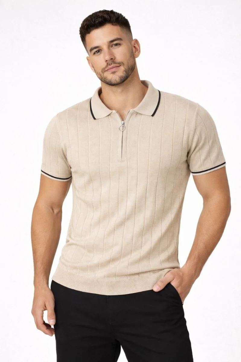 Erkek 3’lü Paket Dokuma Triko  Fermuarlı Yakalı Fitilli Kısa Kollu Regular Fit Tişört - Kahverengi, Beyaz, Bej