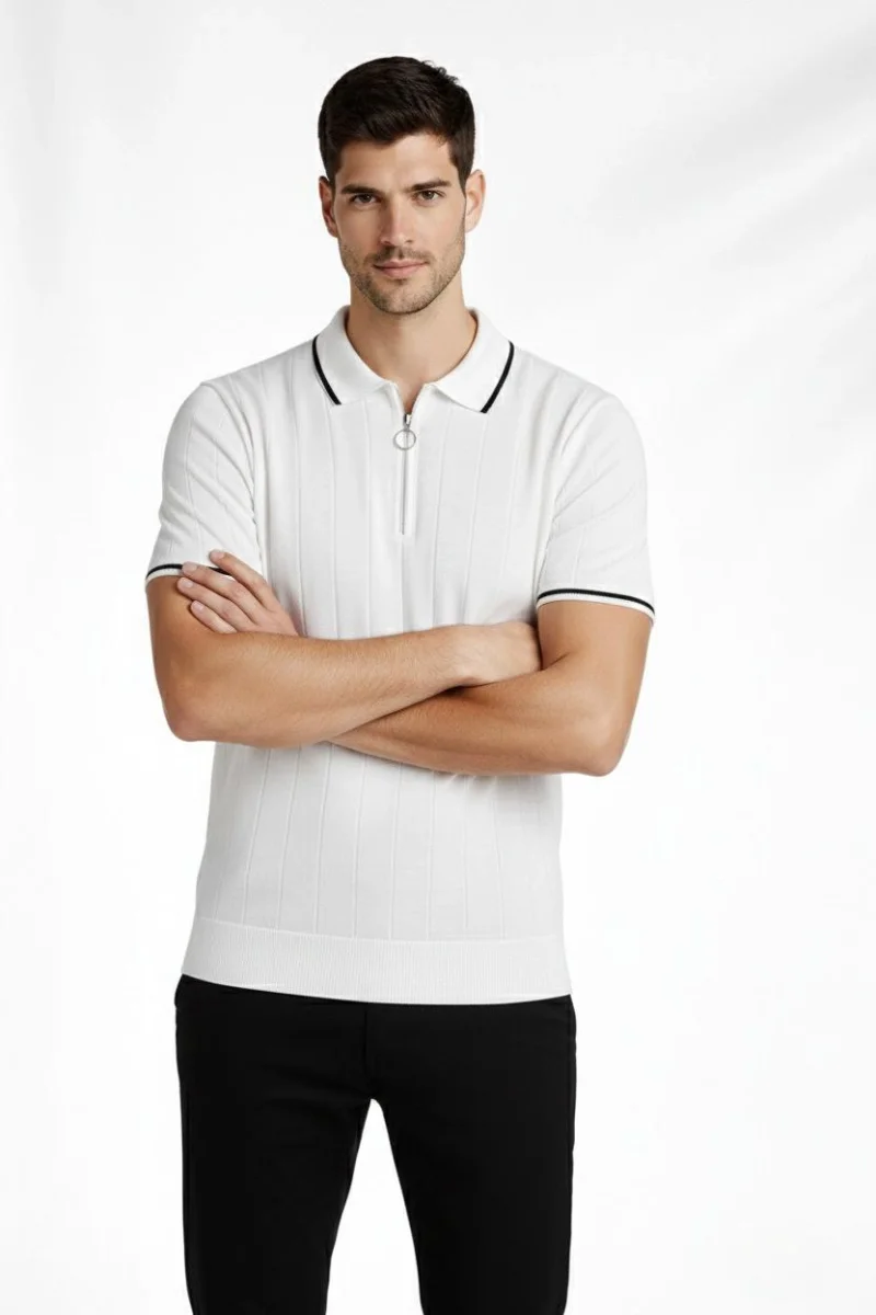 Erkek 3’lü Paket Dokuma Triko  Fermuarlı Yakalı Fitilli Kısa Kollu Regular Fit Tişört - Kahverengi, Beyaz, Bej