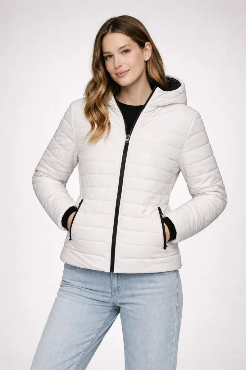 Kadın Şişme Kapüşonlu Fermuarlı Mont Su itici Kapitone Astarlı Kumaş Cepli Kışlık Rahat Kalıp - Krem