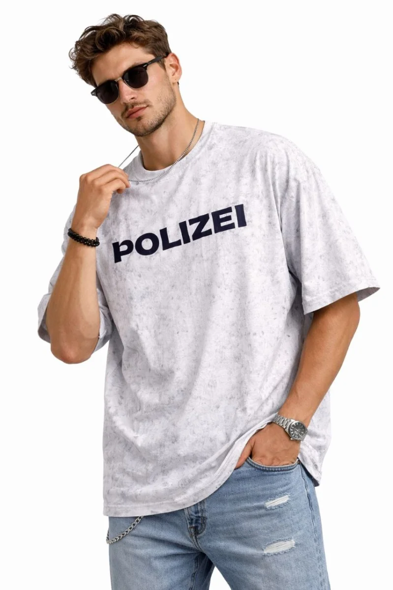 Erkek Asit Yıkamalı Oversize Tişört ön ve Arkası Baskılı %100 Pamuk Street Style T-Shirt - Beyaz