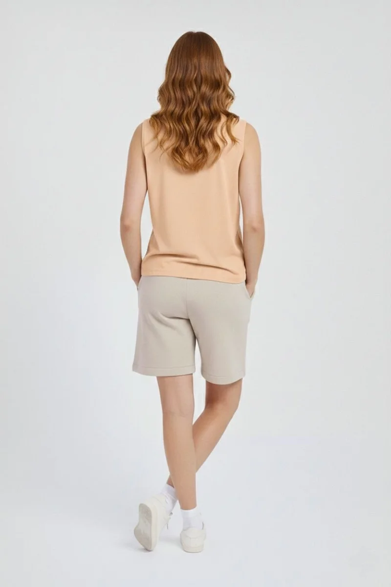 Oversize Kadın Atlet Salaş Kalıp Bisiklet Yaka Basic Yazlık Spor Bluz - Bej