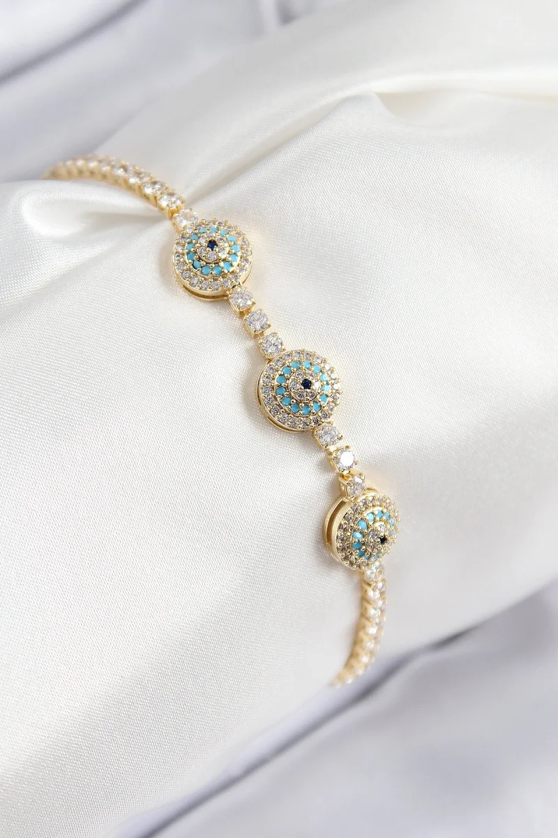 Pirinç Zirkon Taşlı Nazar Model Gold Renk Kadın Bileklik