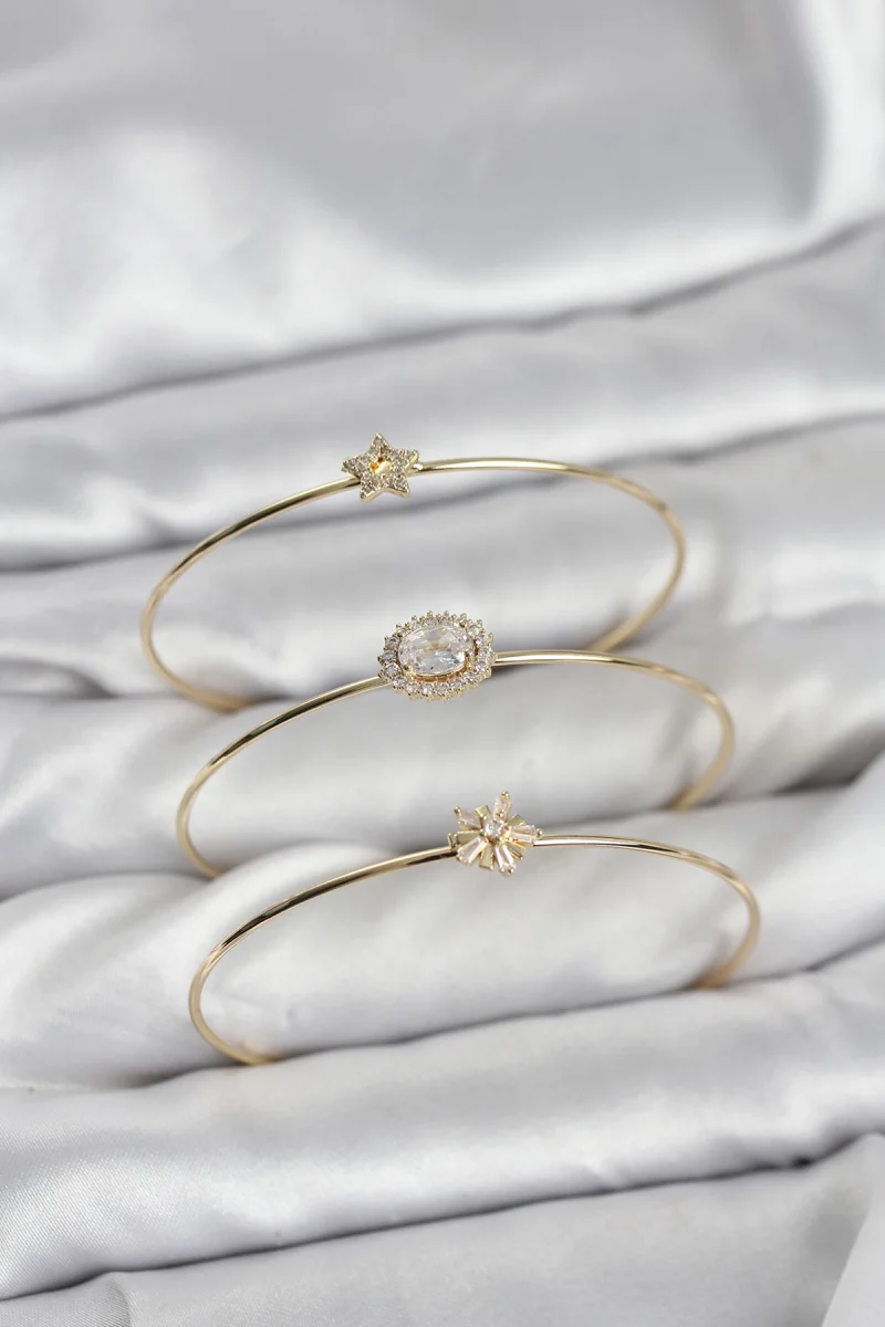 Zirkon Taşlı Gold Renk Tek Taş Model 3'lü Kadın Bileklik Kombini