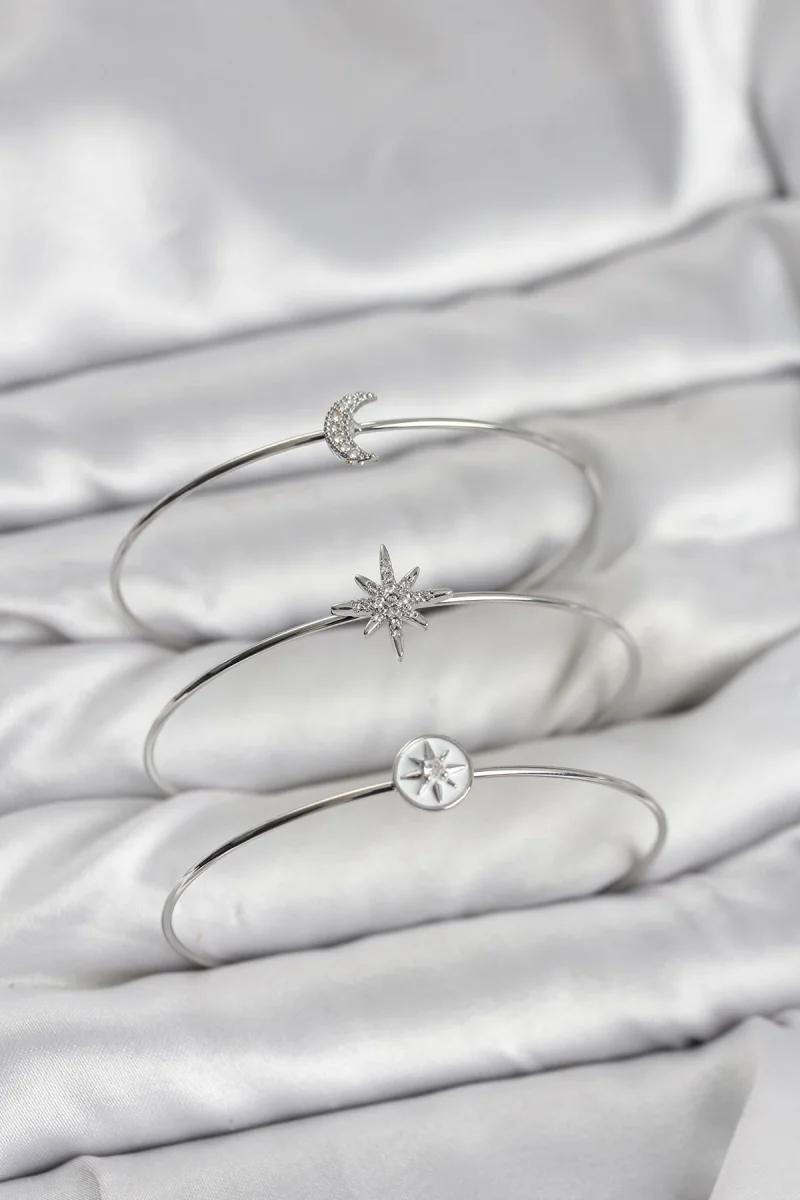 Gümüş Renk Zirkon Taşlı Kutup Yıldızı Model 3'lü Kadın Bileklik Kombini