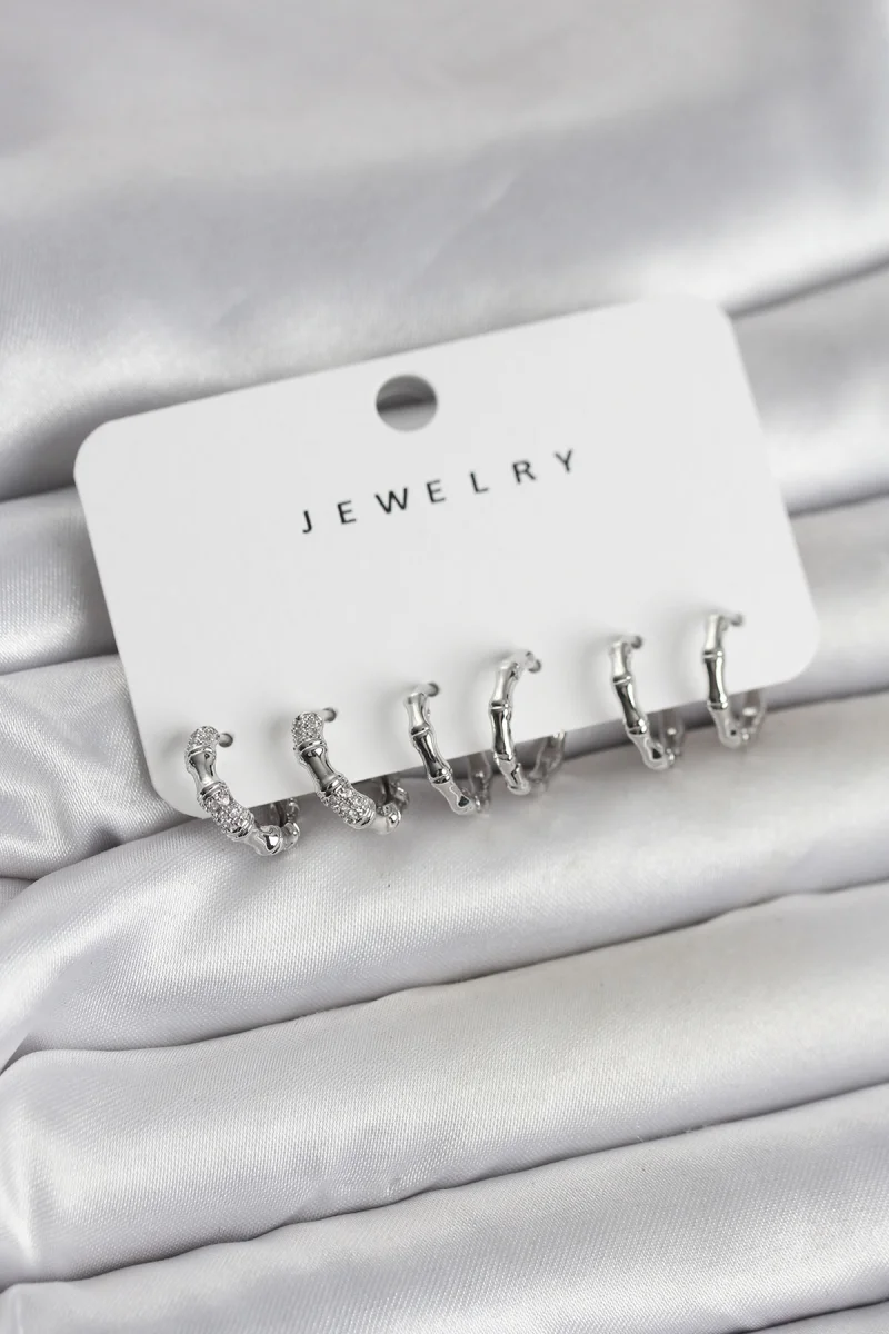 Gümüş Renk Pirinç Kemik Model 3 Çift Kadın Küpe Seti