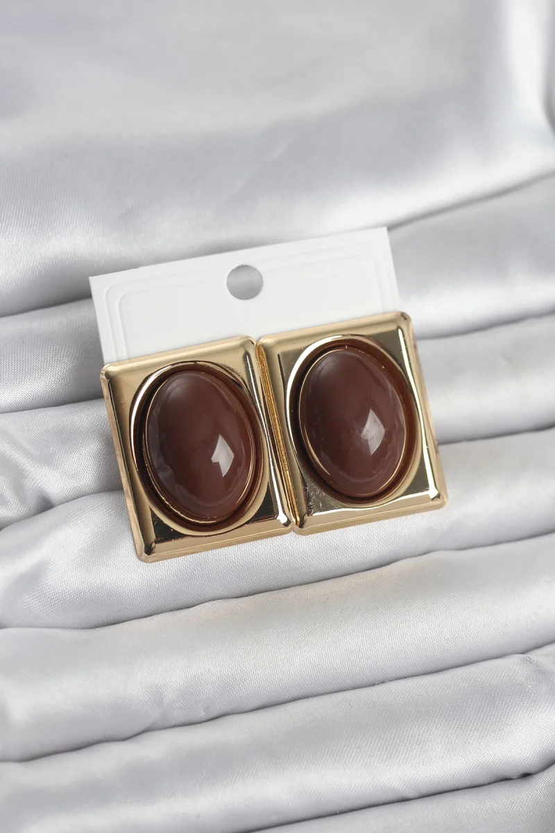 Kahverengi Kare Model Vintage Gold Renk Kadın Küpe