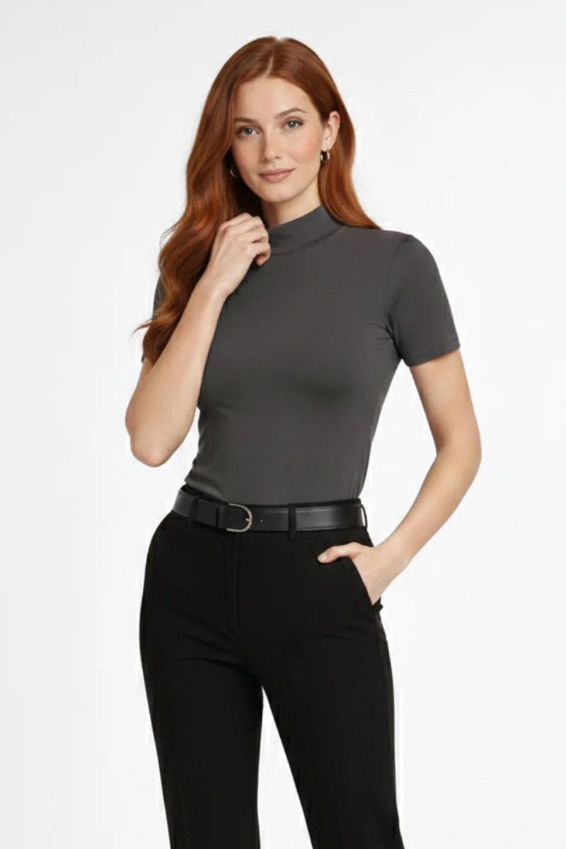 Kadın Antrasit Viskon  Yarım Balıkçı Yaka Kısa Kollu Kompakt Slim Fit Likralı Basic Günlük Body Bluz