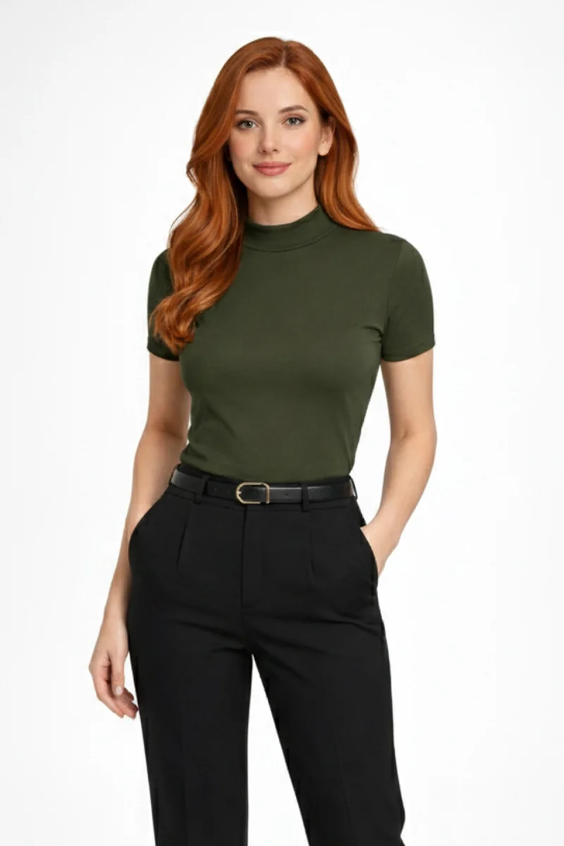 Kadın Haki Viskon  Yarım Balıkçı Yaka Kısa Kollu Kompakt Slim Fit Likralı Basic Günlük Body Bluz