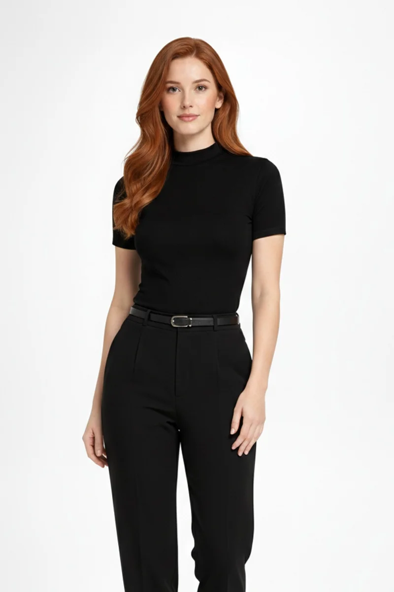 Kadın Siyah Viskon  Yarım Balıkçı Yaka Kısa Kollu Kompakt Slim Fit Likralı Basic Günlük Body Bluz