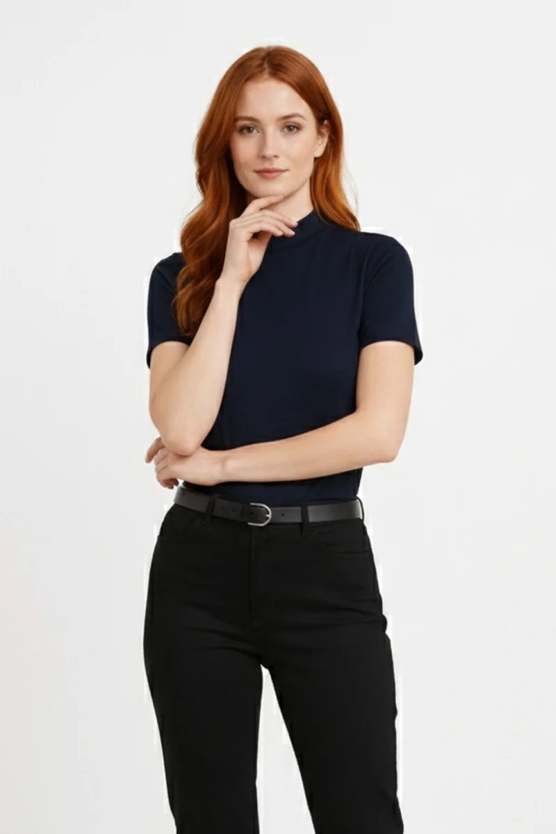 Kadın Lacivert Viskon  Yarım Balıkçı Yaka Kısa Kollu Kompakt Slim Fit Likralı Basic Günlük Body Bluz