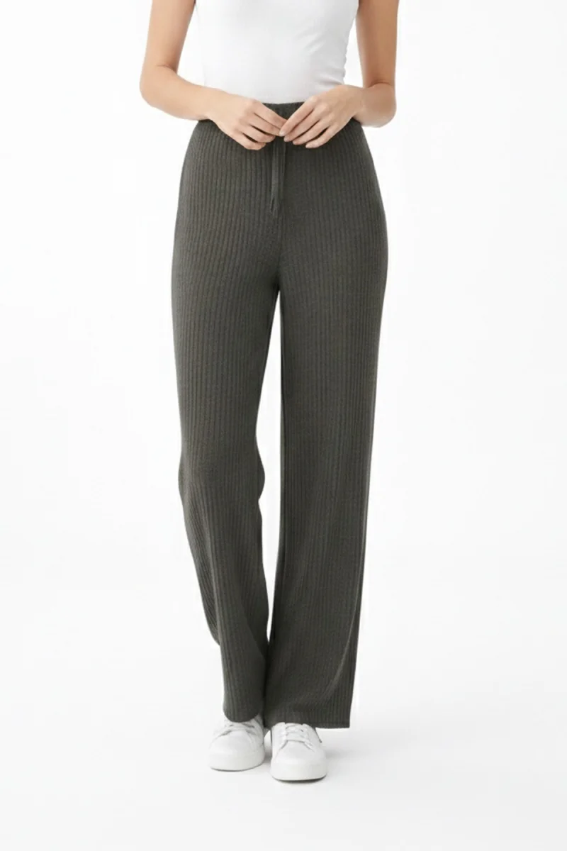 Kadın Haki Yüksek Bel Fitilli Örme Bağcıklı Esnek Likralı Geniş Paça Pantolon