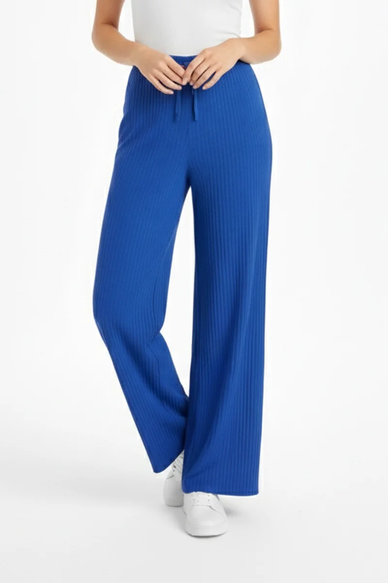 Kadın Saks Mavi Yüksek Bel Fitilli Örme Bağcıklı Esnek Likralı Geniş Paça Pantolon