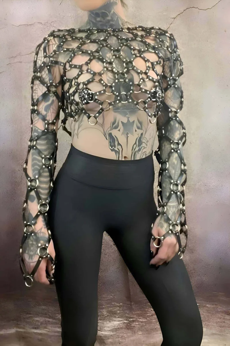 Çapraz Tasarım Uzun Kollu Deri Crop Bağlamalı Büstiyer Harness- Brf1076