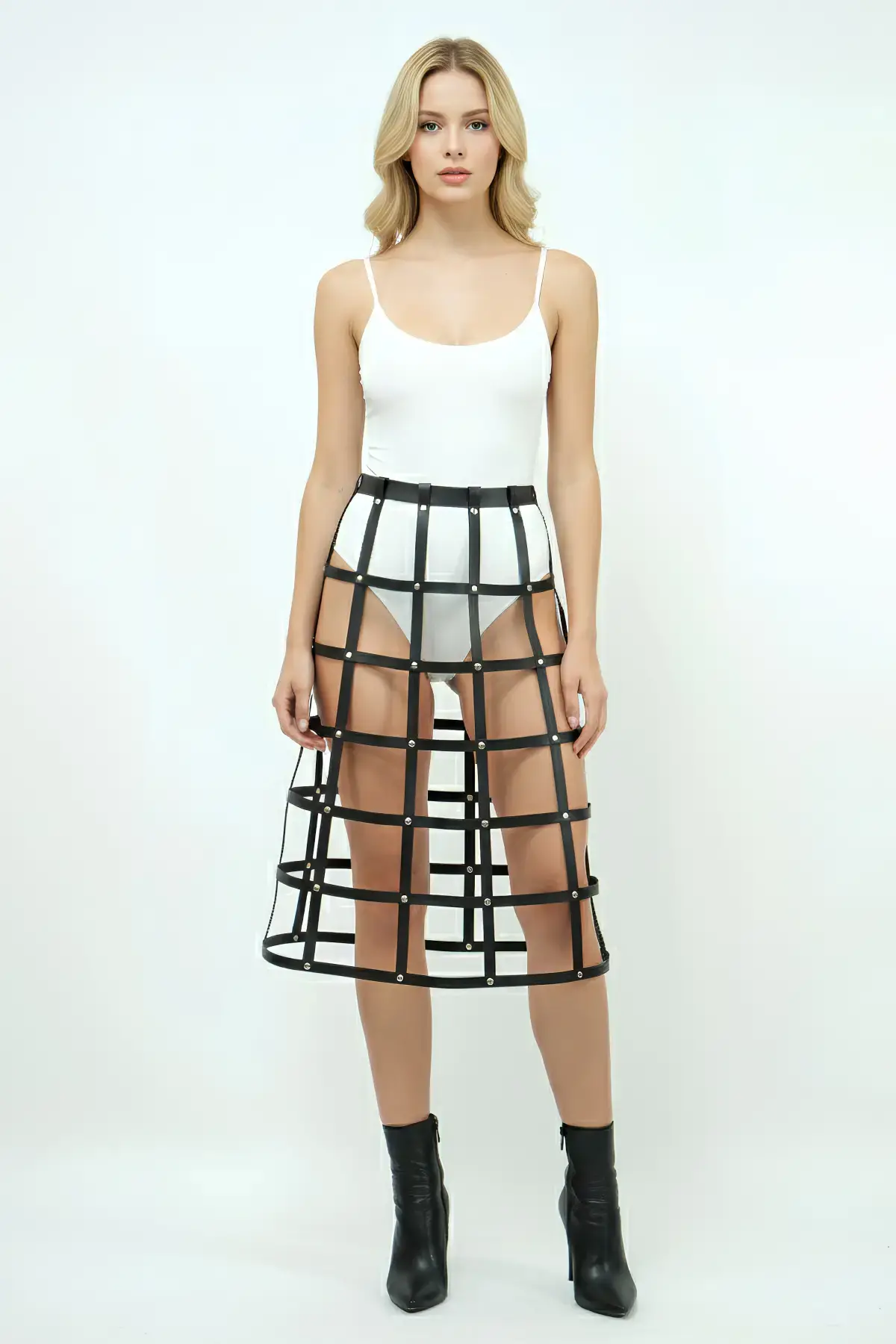 Siyah Etek Deri Şeritli Kafes Detaylı Etek Midi Boy Deri Etek - Brf1396