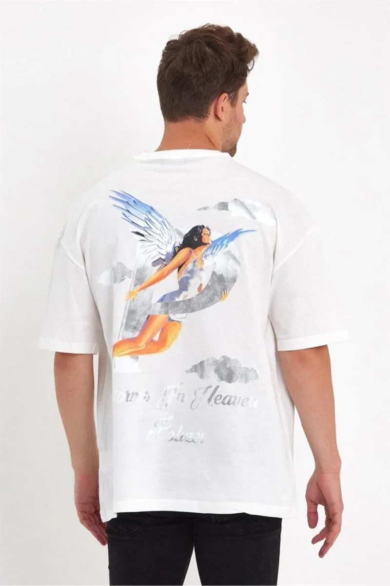 Melek Baskılı Oversize T-shirt - Beyaz -