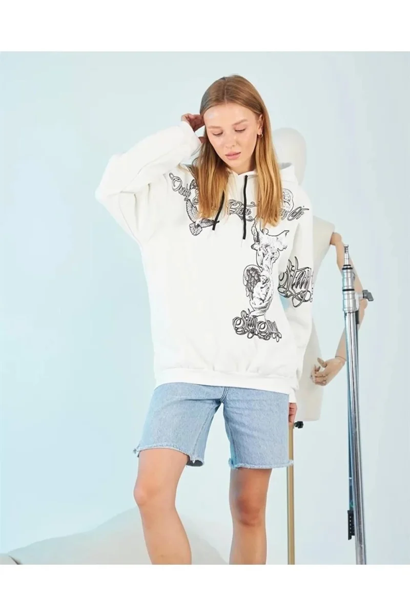 Kapüşonlu Strong Heykel Baskılı Sweatshirt - Beyaz -