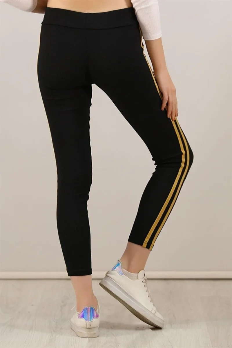 Yanı Sarı Şeritli Tayt - Siyah -