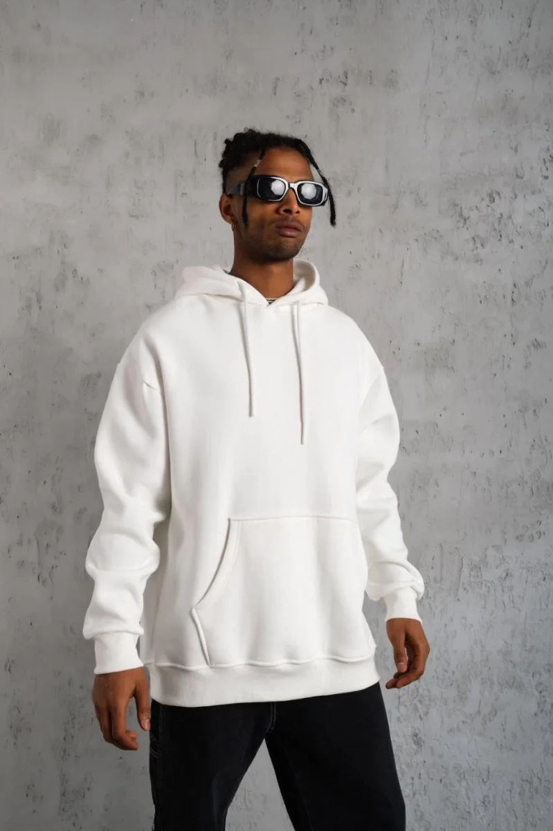 Düz Kapüşonlu Sweat - Beyaz -