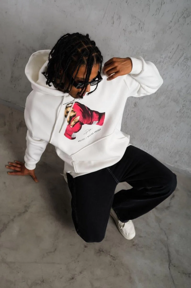 Eldiven Baskılı Kapüşonlu Sweat - Beyaz -