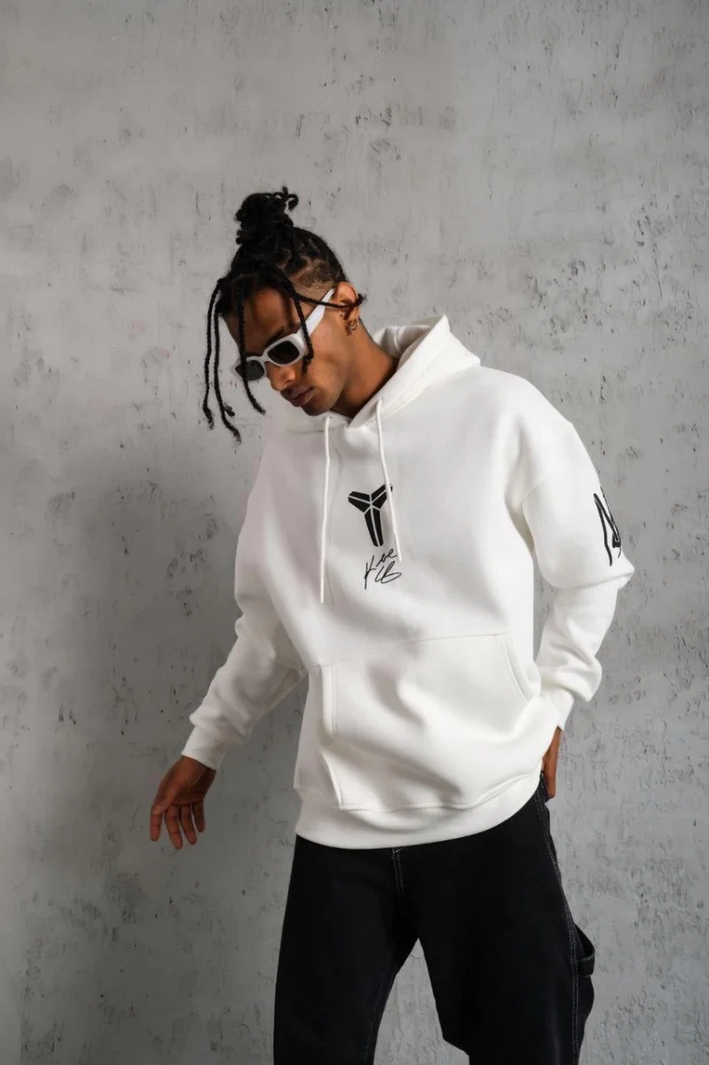 Baskılı Kapüşonlu Sweat - Beyaz -