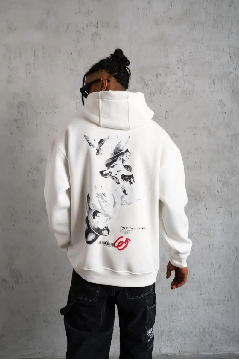 Şapkalı Güvercin Baskılı Kapşonlu Sweat - Beyaz -