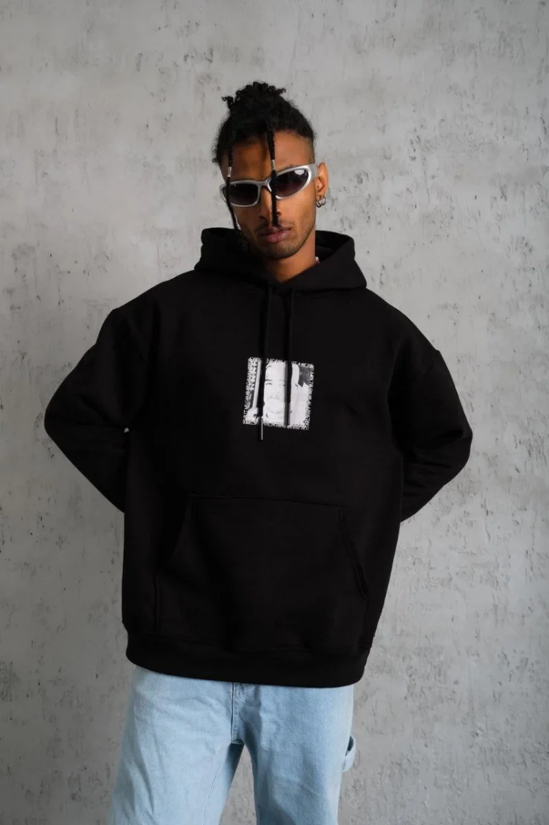 Ön Arka Baskılı Kapşonlu Sweat - Siyah -