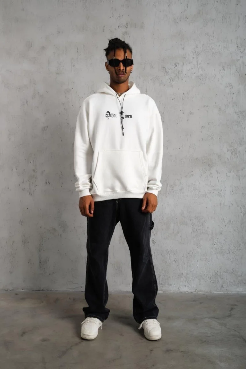 Kapşonlu Sweatshirt – Oversize “Other Lives” Ön  Arka Baskılı,- Beyaz -