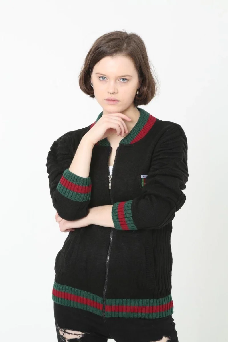 Tam Fermuarlı Triko Hırka - Siyah -