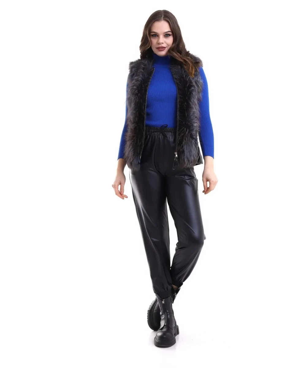 Fermuarlı Koyun Derisi Tilki Kürkü - Siyah -